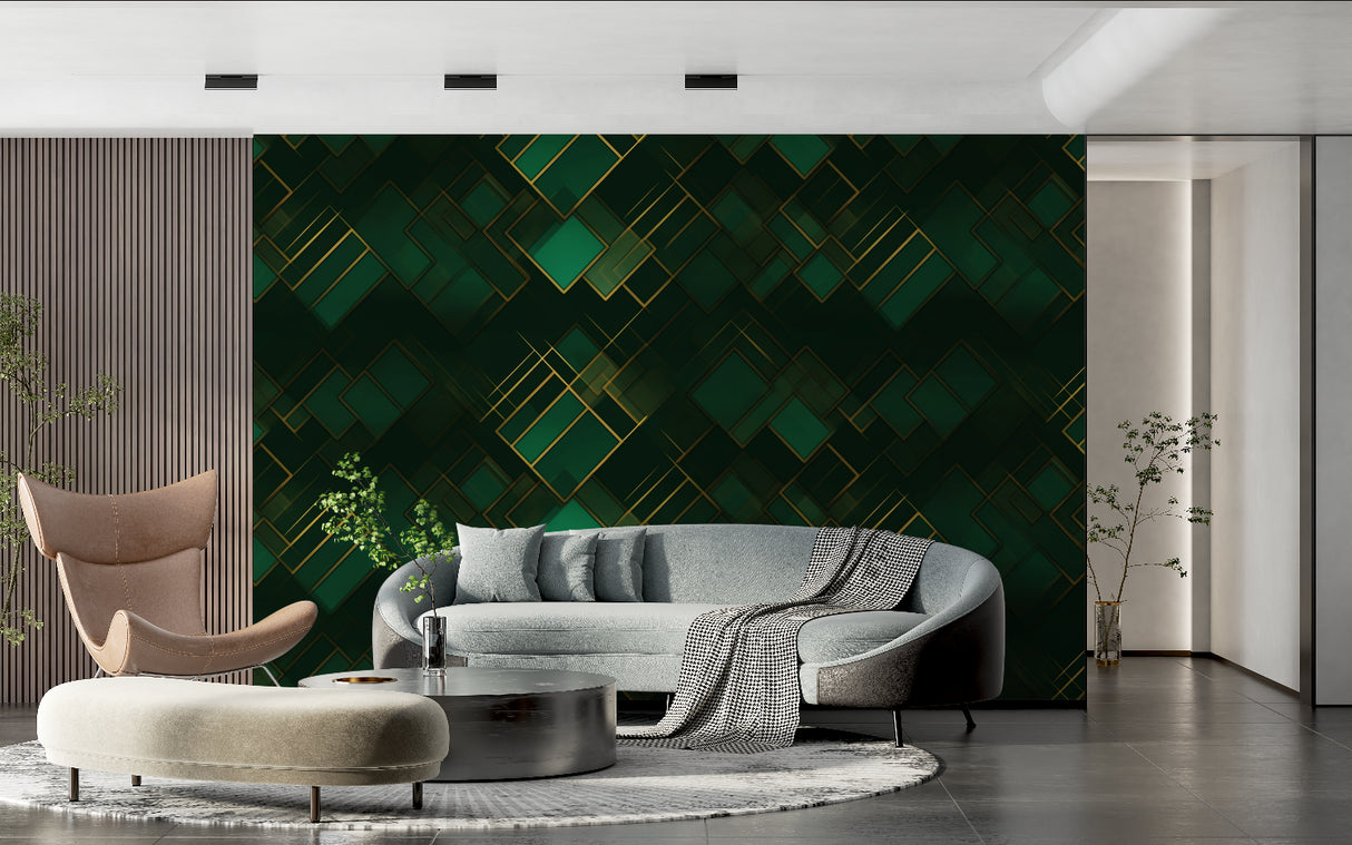 Modern geometric wallpaper showcased in living room with evening lighting