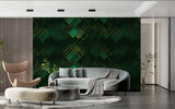 Modern geometric wallpaper showcased in living room with evening lighting