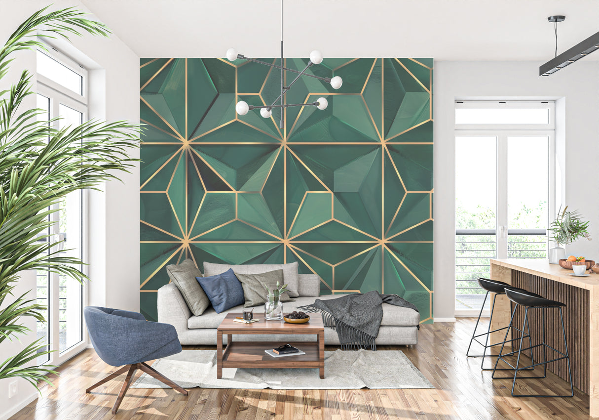 Art Deco geometric pattern wallpaper featured in luxury dining room setting