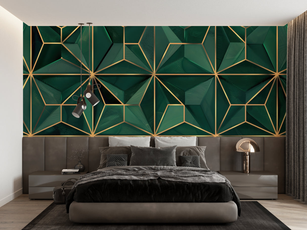 Green and gold geometric wallpaper creating dramatic effect in hotel lobby