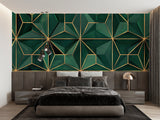 Green and gold geometric wallpaper creating dramatic effect in hotel lobby