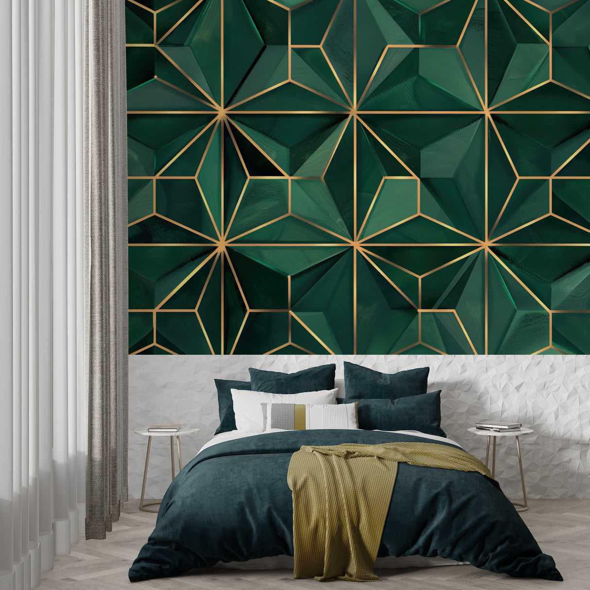 Art Deco inspired geometric pattern in emerald and gold adorning master bedroom wall