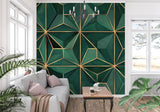 Modern office space showcasing green and gold geometric Art Deco wallpaper