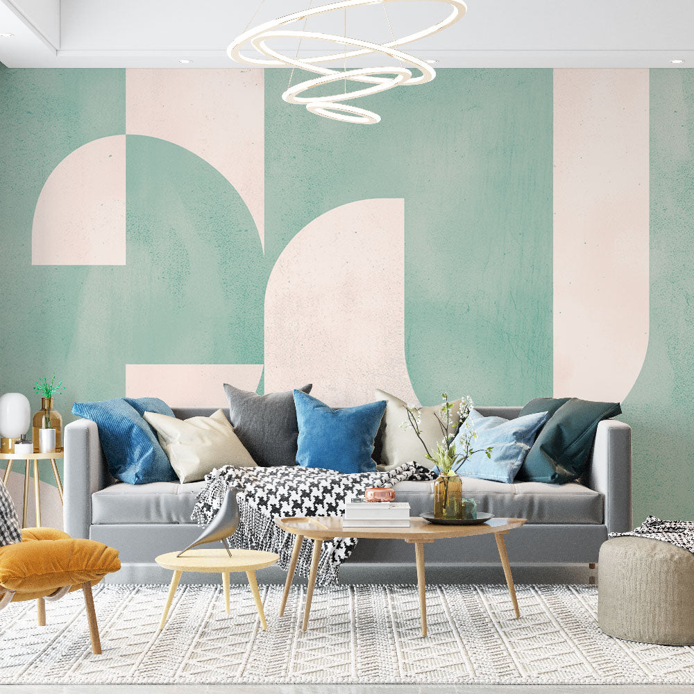 Geometric mint green Art Deco wallpaper mural creating a modern and fresh atmosphere in a bright living room setting