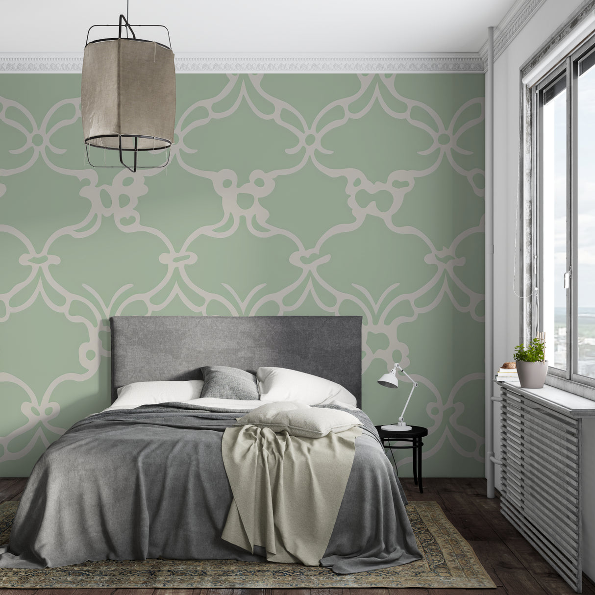 Art deco wallpaper pattern creating an elegant backdrop in a dining room