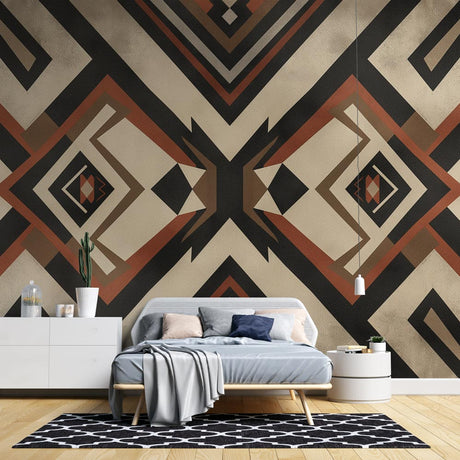 Geometric art deco wallpaper in terracotta and black creating drama in a modern dining room setting