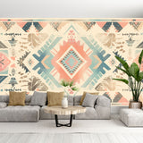 Geometric pattern wallpaper with Aztec design creating a cozy atmosphere in a modern living room with natural light
