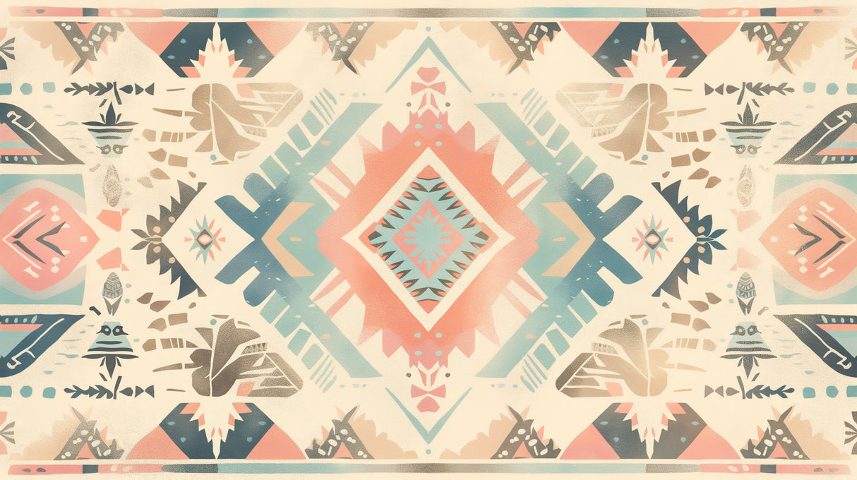 Aztec pattern geometric wallpaper design file showing intricate coral and turquoise motifs