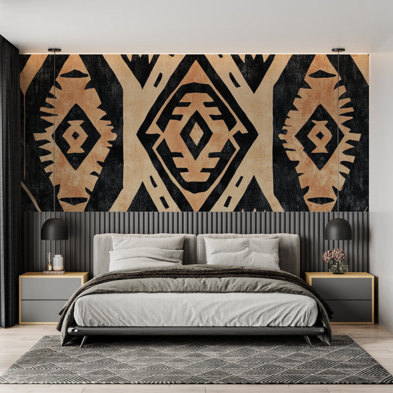Tribal pattern wallpaper in home office with wooden desk and natural light
