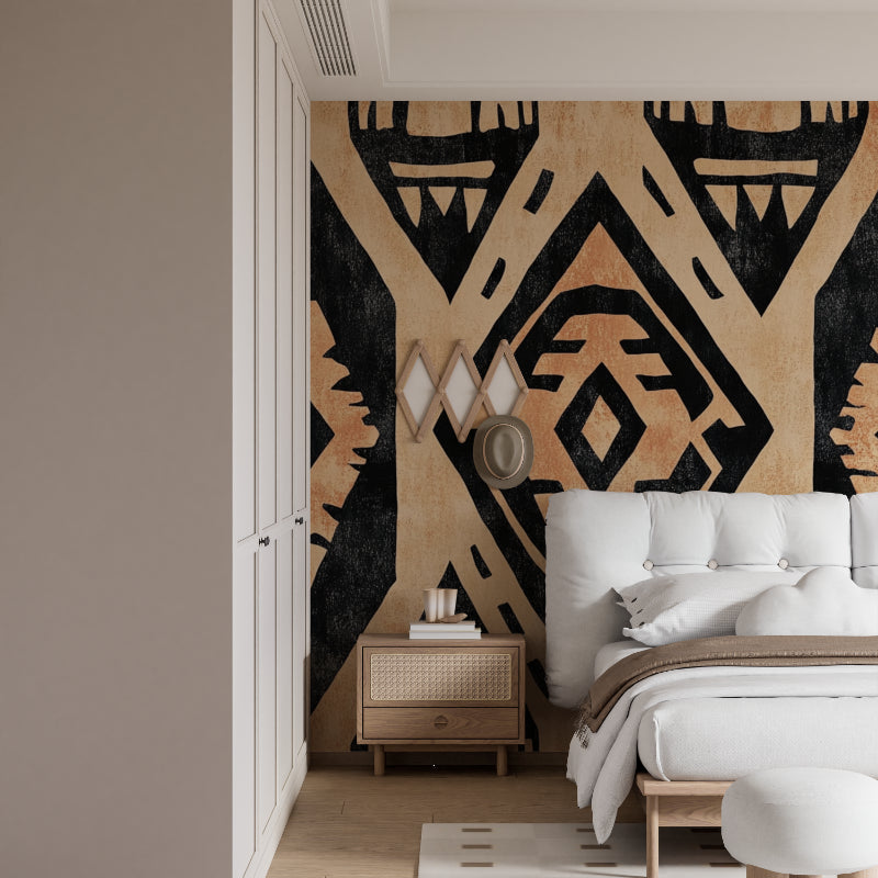 Geometric wall mural in dining room with contemporary furniture