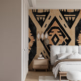 Geometric wall mural in dining room with contemporary furniture