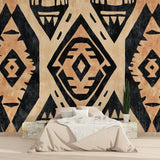 Aztec wallpaper pattern in bedroom with minimalist decor