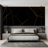 Abstract geometric wall mural adding sophistication to master bedroom