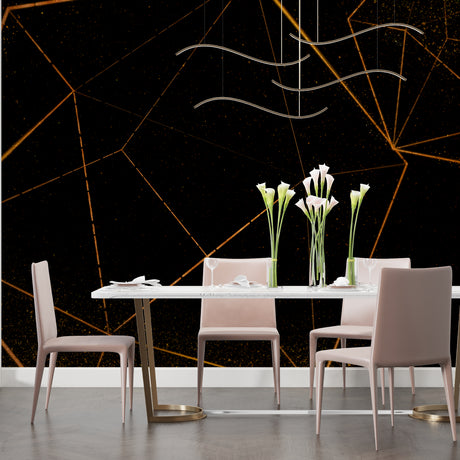Geometric black and gold wallpaper creating drama in a modern living room with clean lines and contemporary furniture
