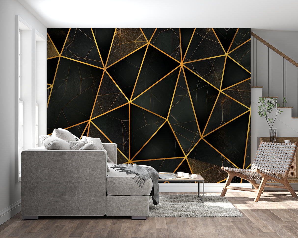 Art deco geometric pattern wallpaper in luxury dining room with crystal chandelier