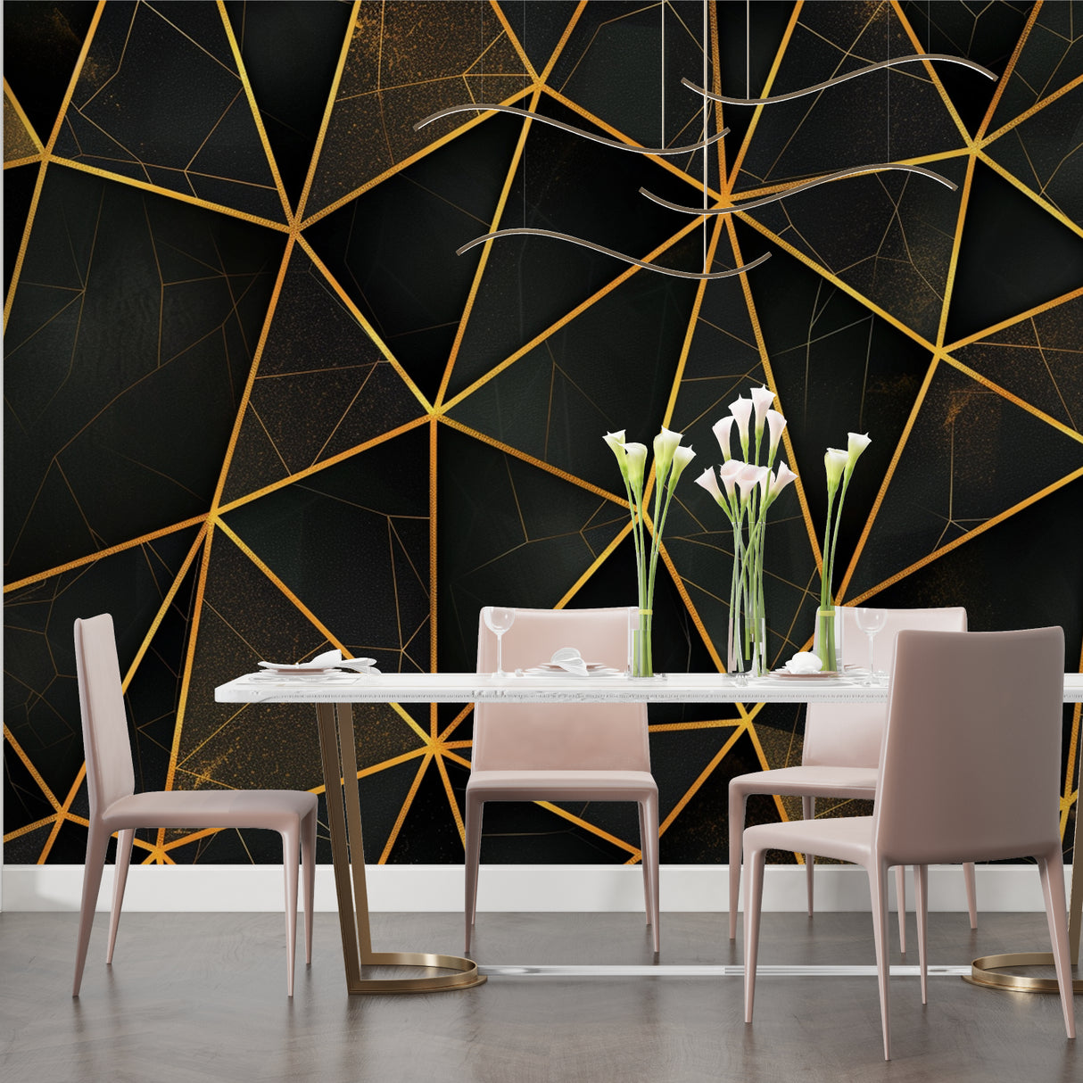 Black and gold geometric wallpaper in master bedroom adding sophistication