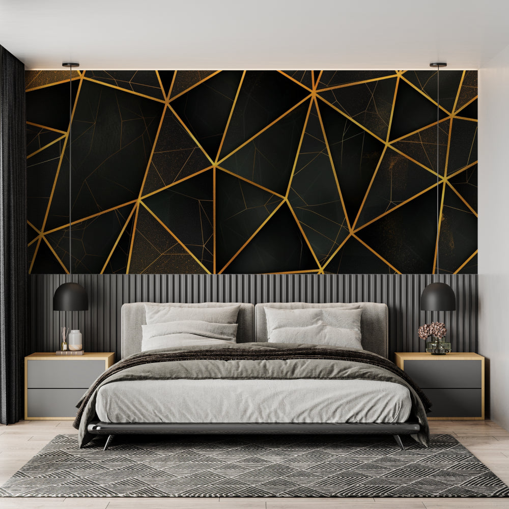 Modern geometric wall mural in home office showing scale and pattern detail