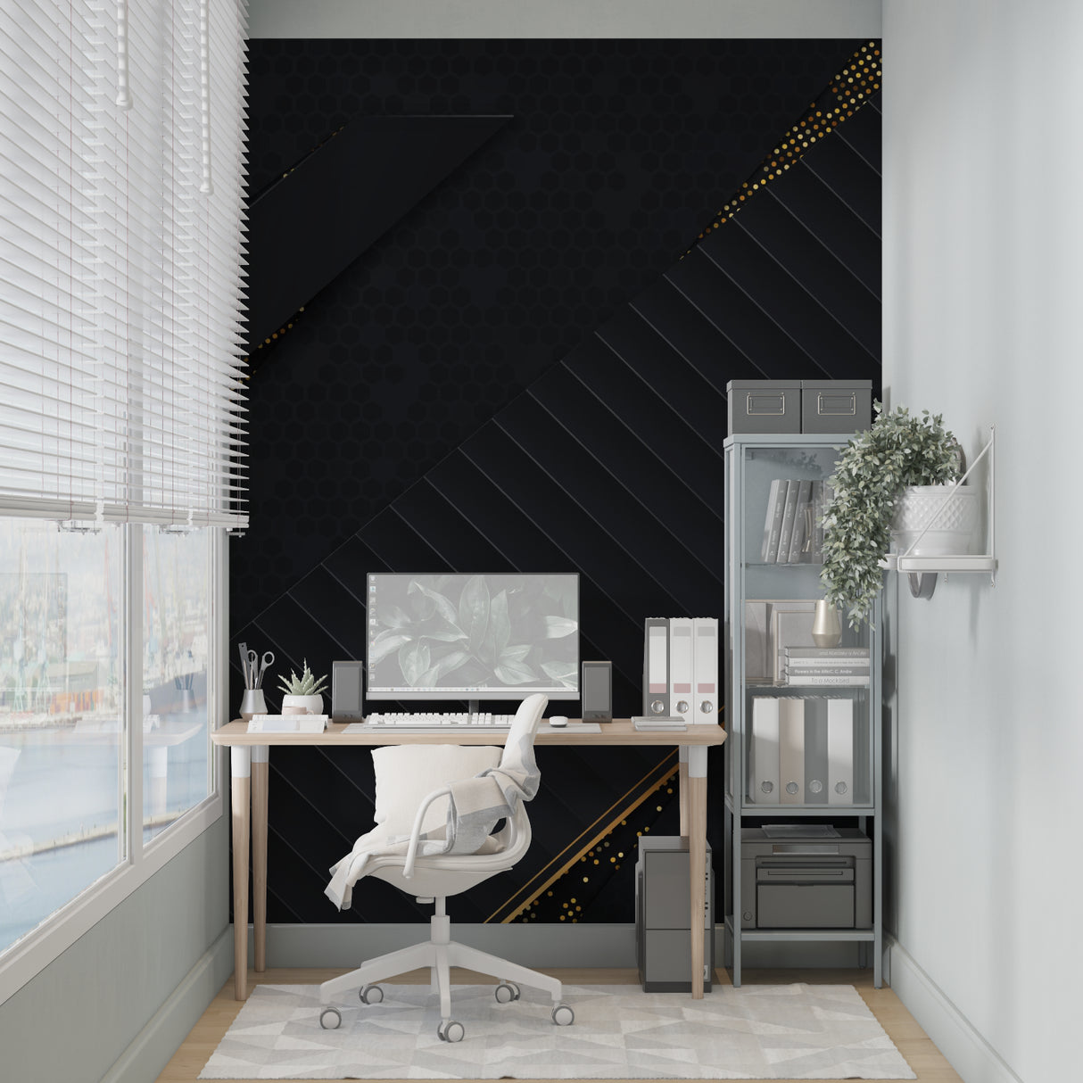Geometric diagonal pattern wall mural in office space adds professional elegance