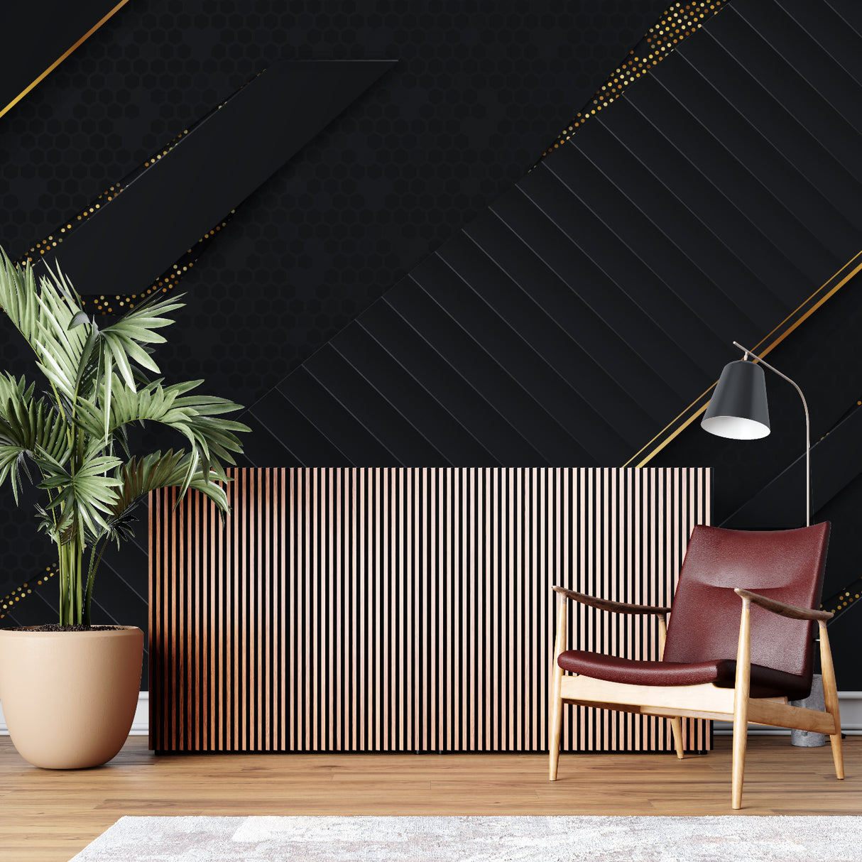 Black and gold geometric wallpaper in dining room makes bold statement