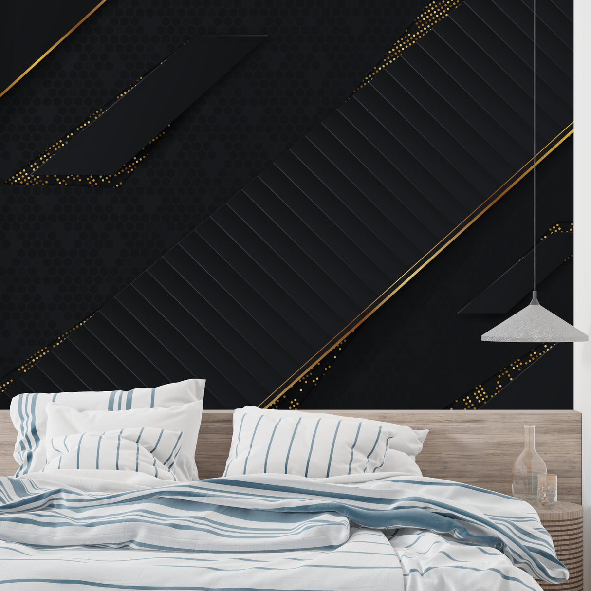 Modern geometric wallpaper transforms master bedroom with elegant lines