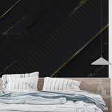 Modern geometric wallpaper transforms master bedroom with elegant lines