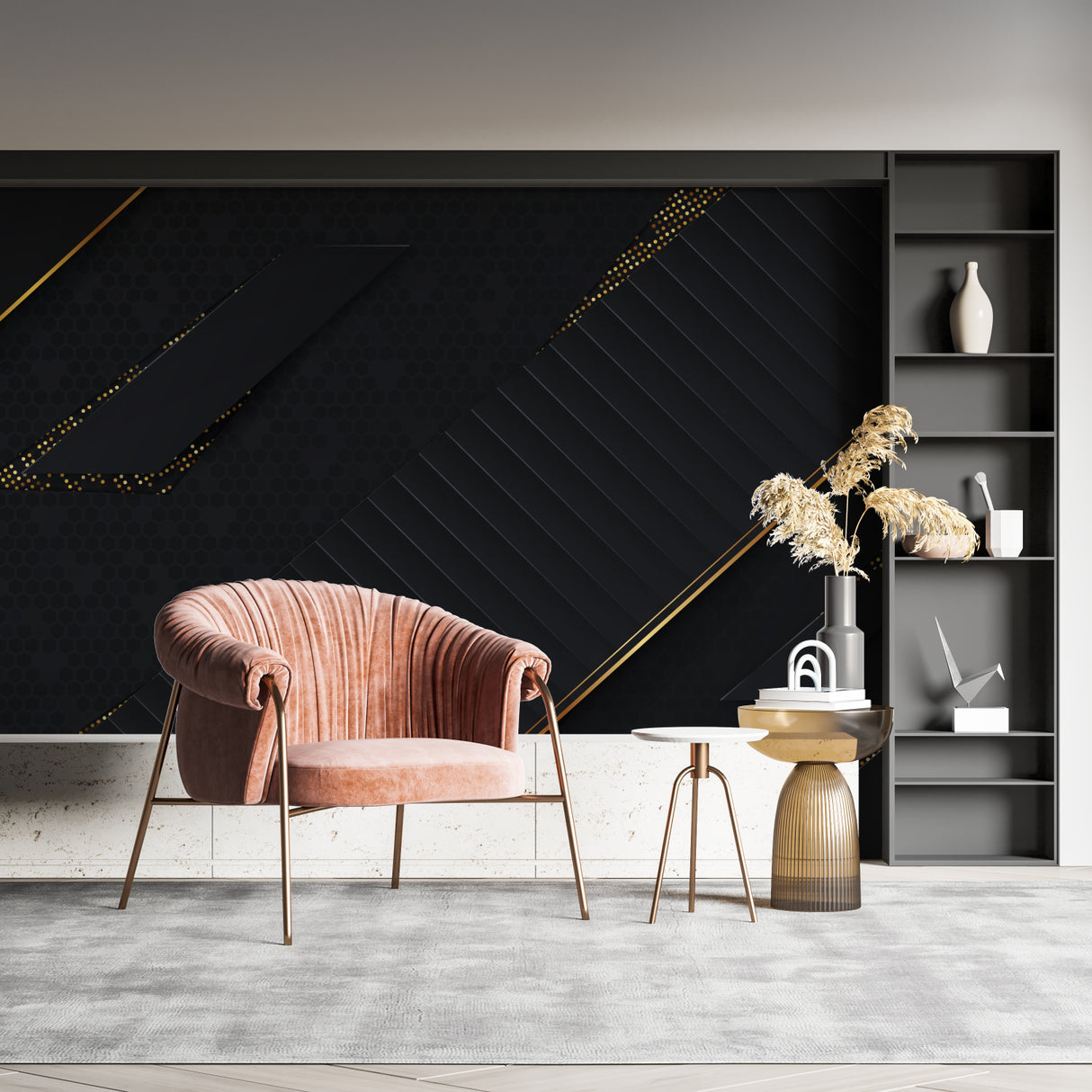 Black and gold diagonal pattern in hallway creates dramatic entrance