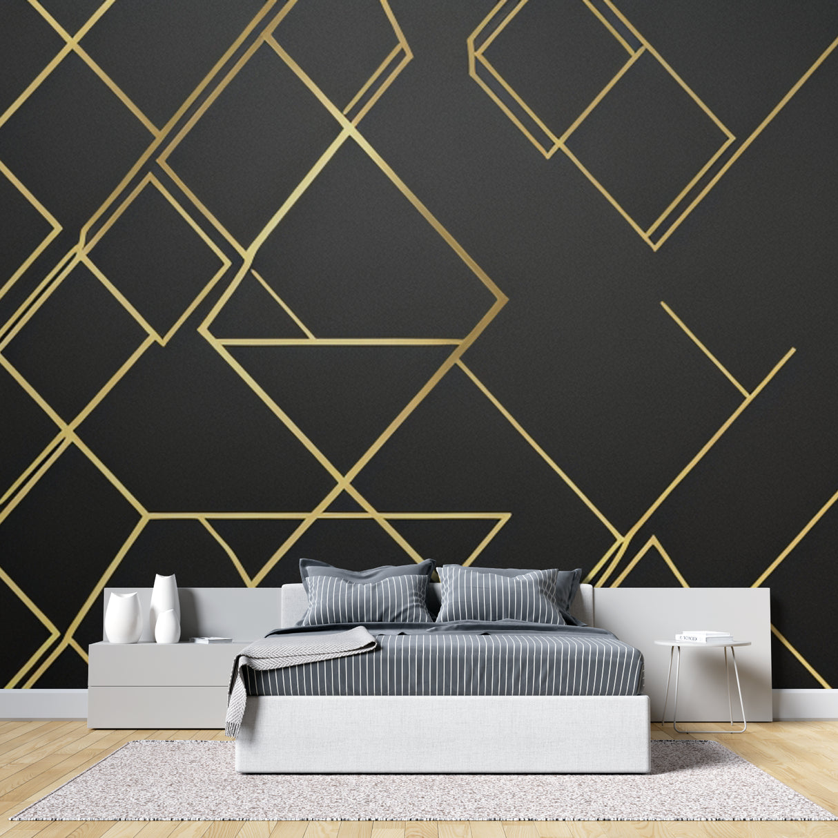 Black and gold geometric wallpaper creating drama in master bedroom
