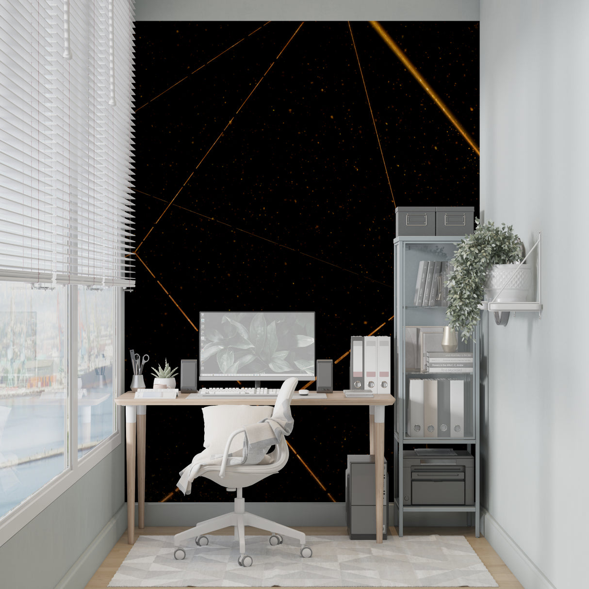 Geometric linear pattern wallpaper creating depth in a sleek home office with desk and chair