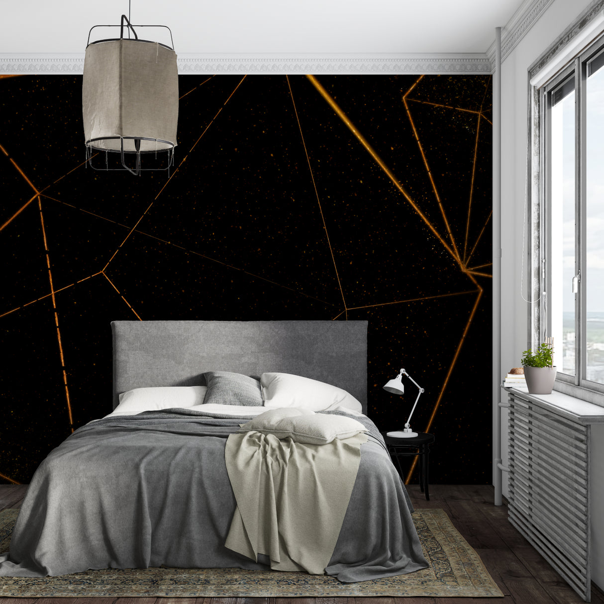 Black and gold geometric wallpaper making a statement in an elegant dining room space