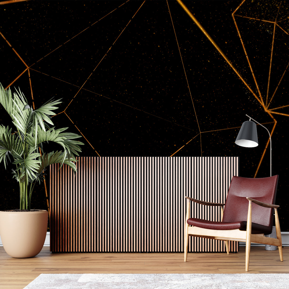 Linear pattern mural wallpaper bringing sophistication to a modern bedroom wall