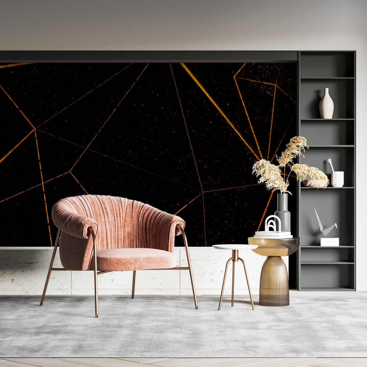 Gold geometric wallpaper creating luxury ambiance in an upscale hallway setting