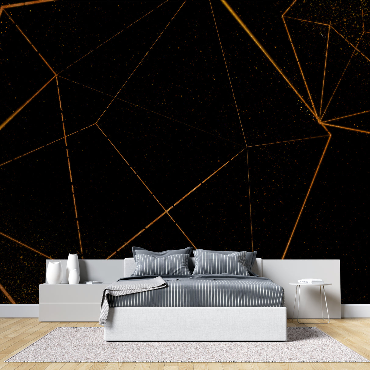 Geometric black and gold wallpaper in modern living room creating dramatic accent wall