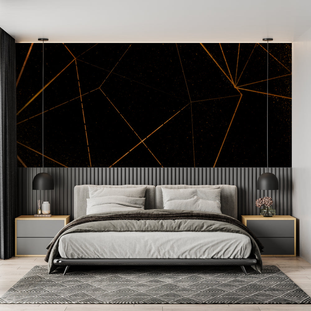 Black and gold geometric pattern adding luxury to master bedroom wall