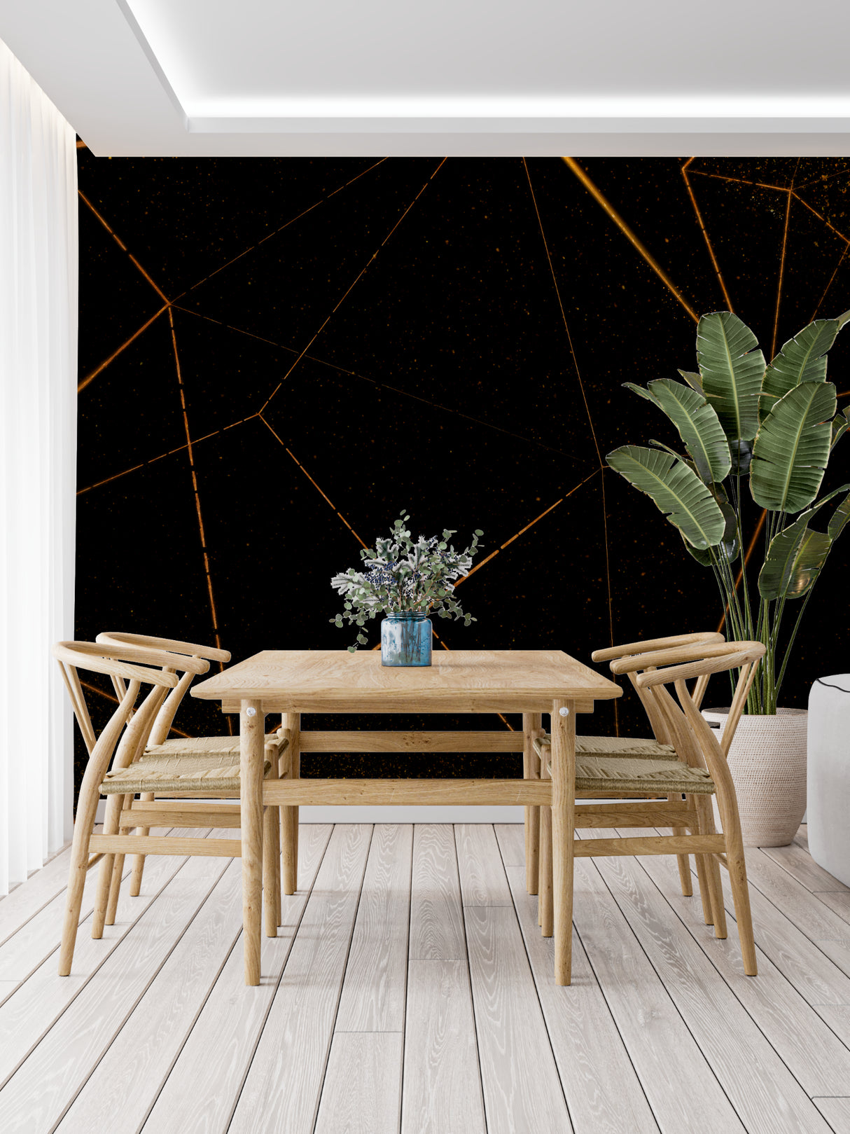 Geometric black and gold wall mural in luxury dining room with crystal chandelier