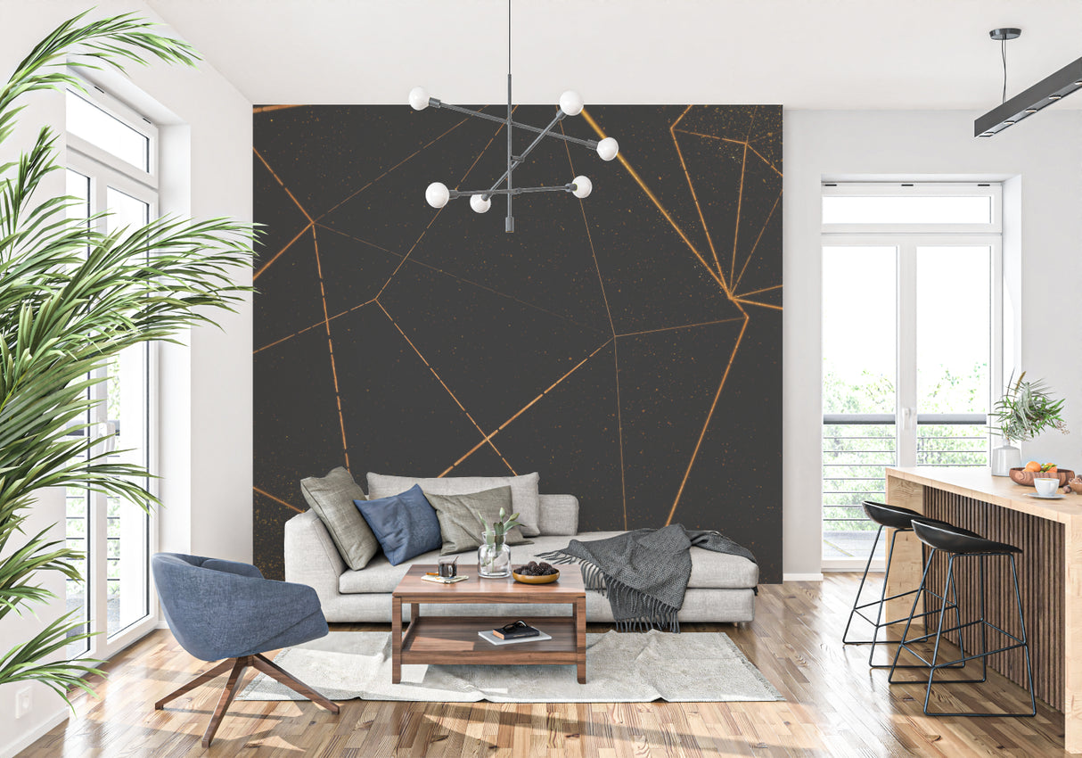 Modern home office featuring black and gold linear wallpaper with desk setup