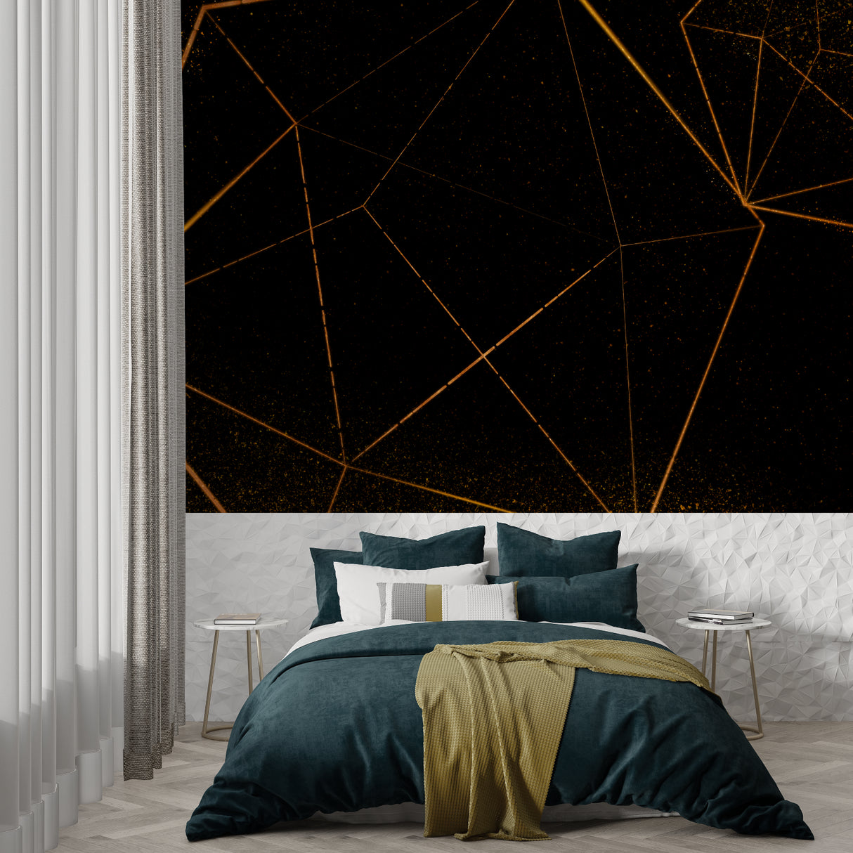 Gold geometric pattern wallpaper in master bedroom with modern furnishings
