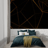 Gold geometric pattern wallpaper in master bedroom with modern furnishings