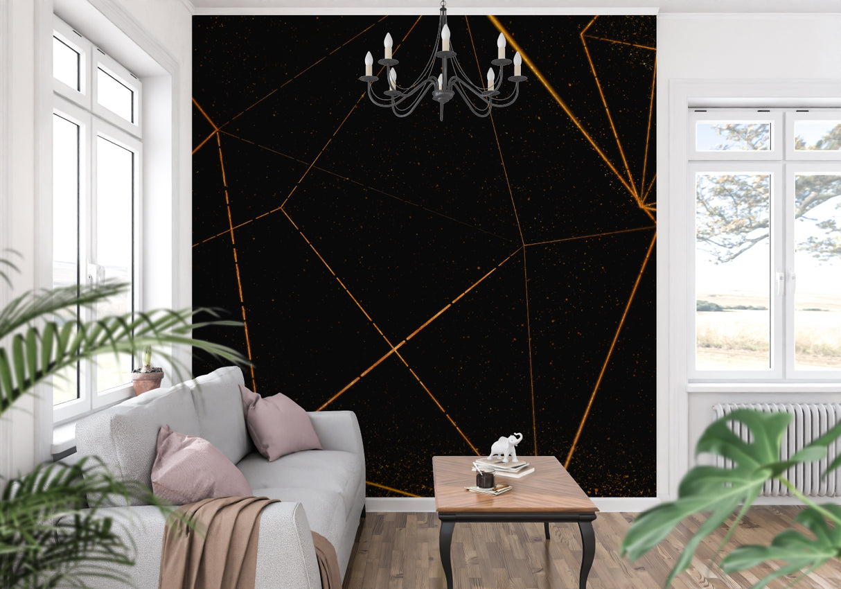 Linear geometric wallpaper accent wall in stylish hallway setting