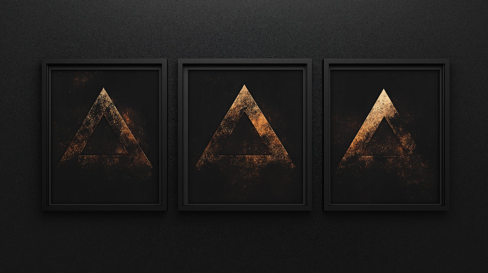 Black and gold geometric triangle design file showing intricate pattern detail and metallic finish