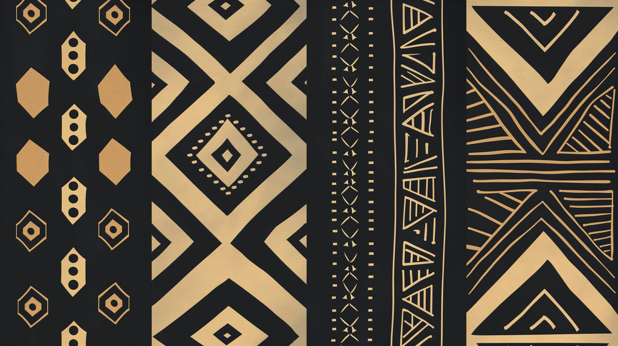 Black and gold geometric tribal pattern design file showing intricate details and metallic elements