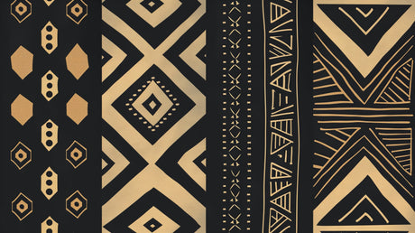 Black and gold geometric tribal pattern design file showing intricate details and metallic elements