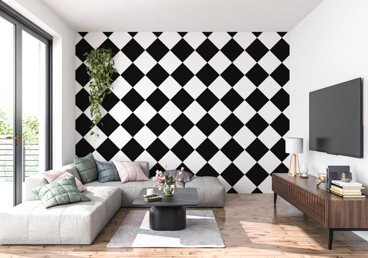 Diamond pattern wallpaper adding depth to a minimalist home office space
