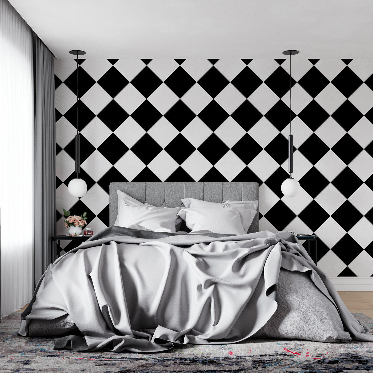 Modern diamond pattern mural creating visual interest in a bedroom