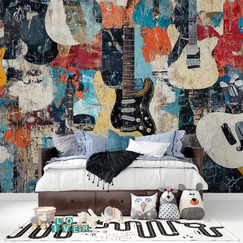 Contemporary herringbone wall mural in a modern bedroom setting
