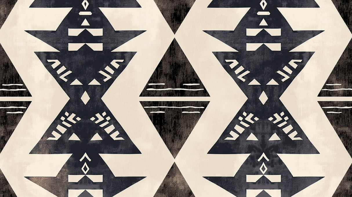 Modern living room with striking Black and White Geometric Tribal Wallpaper creating a bold accent wall