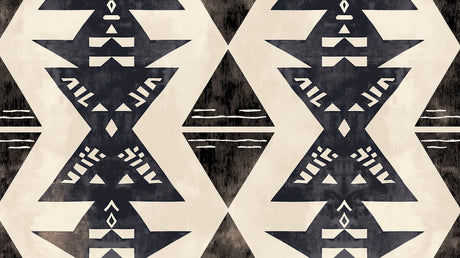 Modern living room with striking Black and White Geometric Tribal Wallpaper creating a bold accent wall