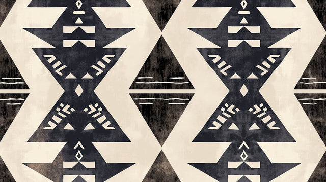 Modern living room with striking Black and White Geometric Tribal Wallpaper creating a bold accent wall