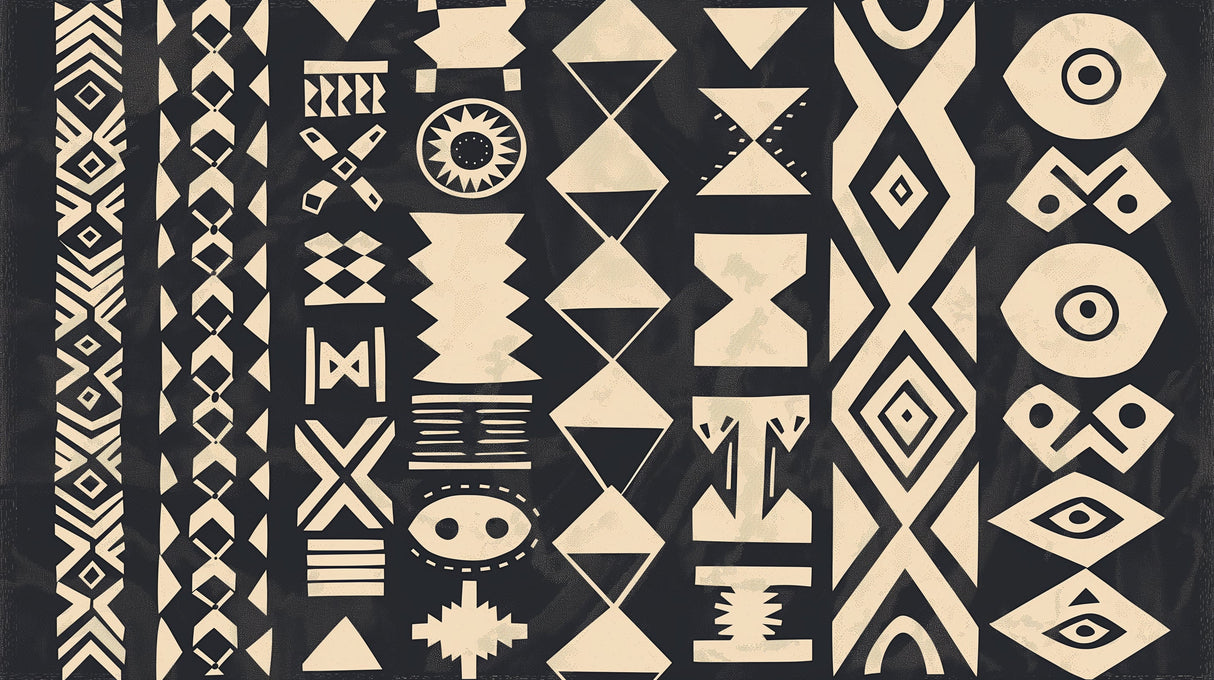 Black and white geometric tribal pattern design file showing detailed African-inspired motifs