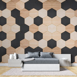 Modern Geometric Hexagon Wallpaper showcased in a minimalist living room with black and wood tones