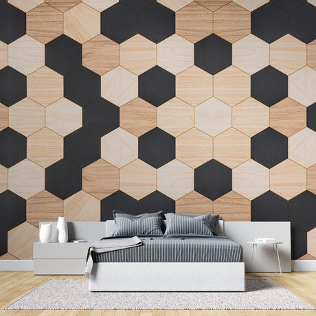Modern Geometric Hexagon Wallpaper showcased in a minimalist living room with black and wood tones